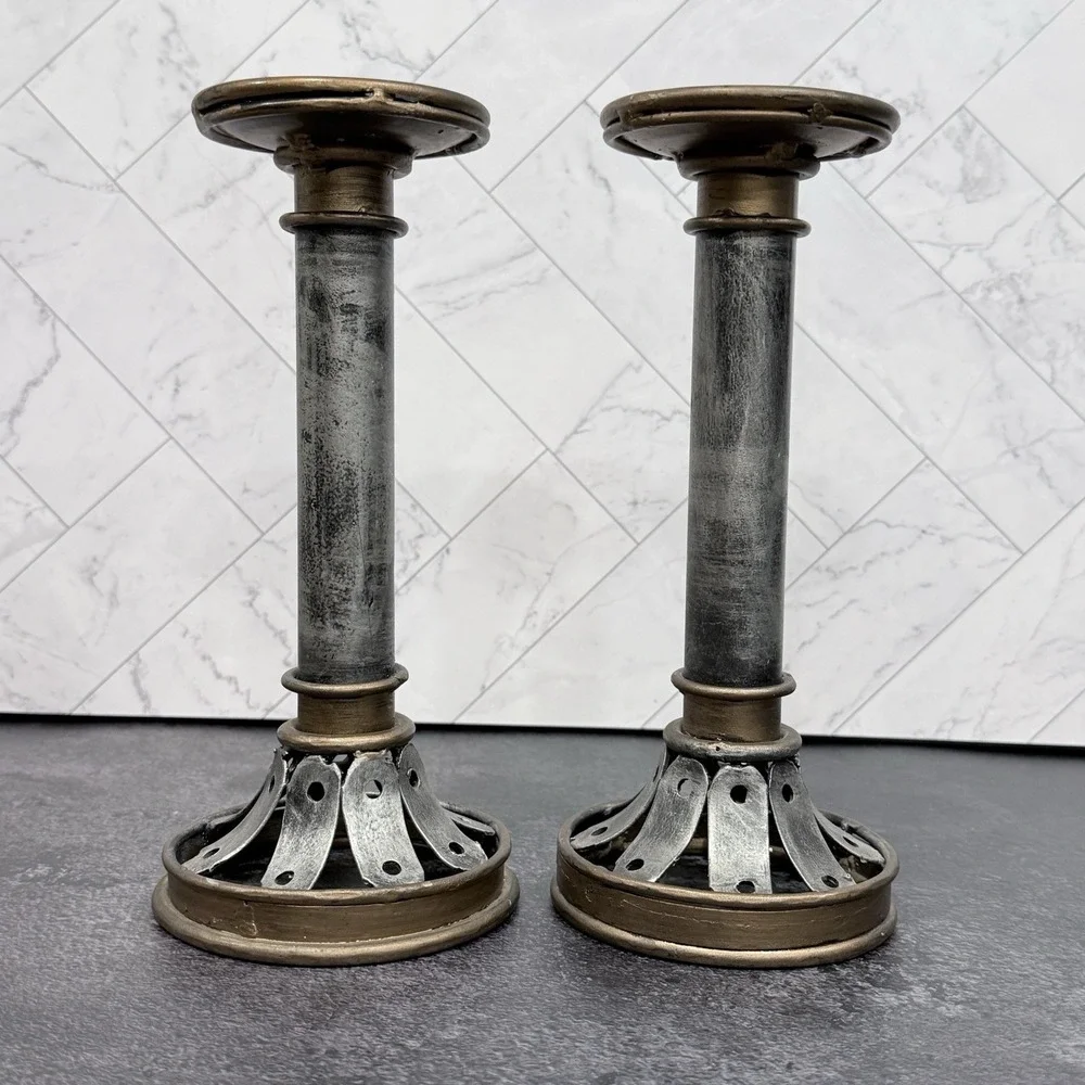 Set of 2 Metal Candlesticks Rustic Industrial Candle‎ Holders Farmhouse Decor